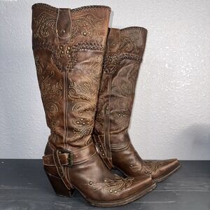 Corral Tall Brown Embroidered‎ Stud Floral Womens sz 8 1/2 Western Boots EUC